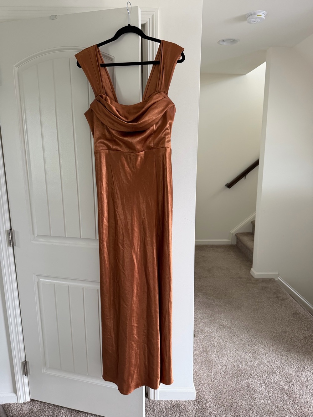 Birdy Grey Copper Satin Cowl Neck Maxi Dress with slit